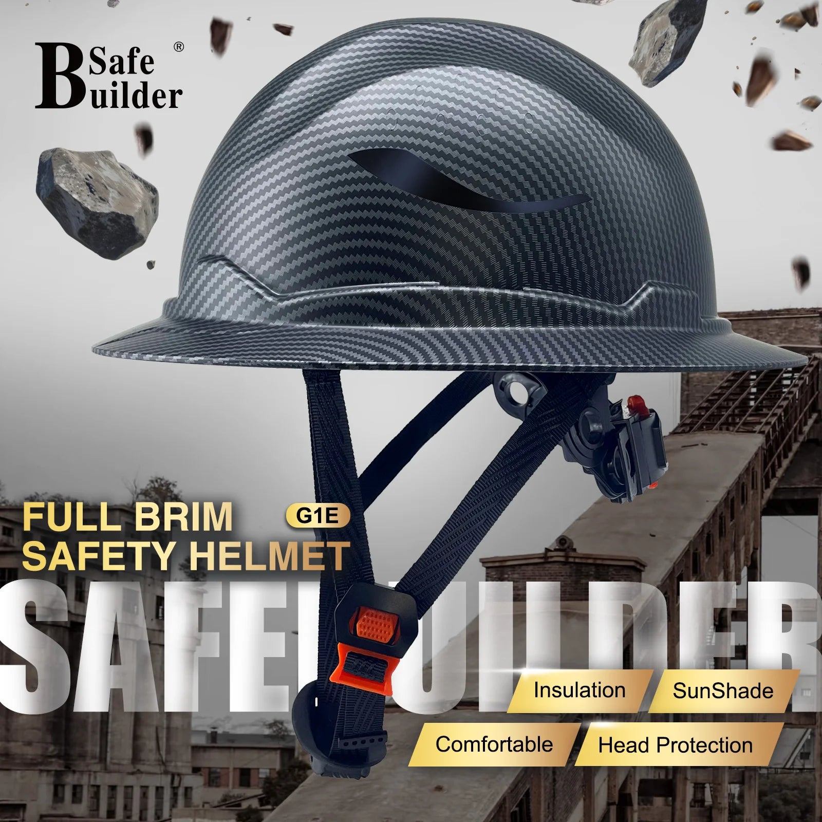 G1E Construction Full Brim Hard Hats ANSI Class E HDPE Safety Helmet Hardhats Sunshade Industrial Head Protection