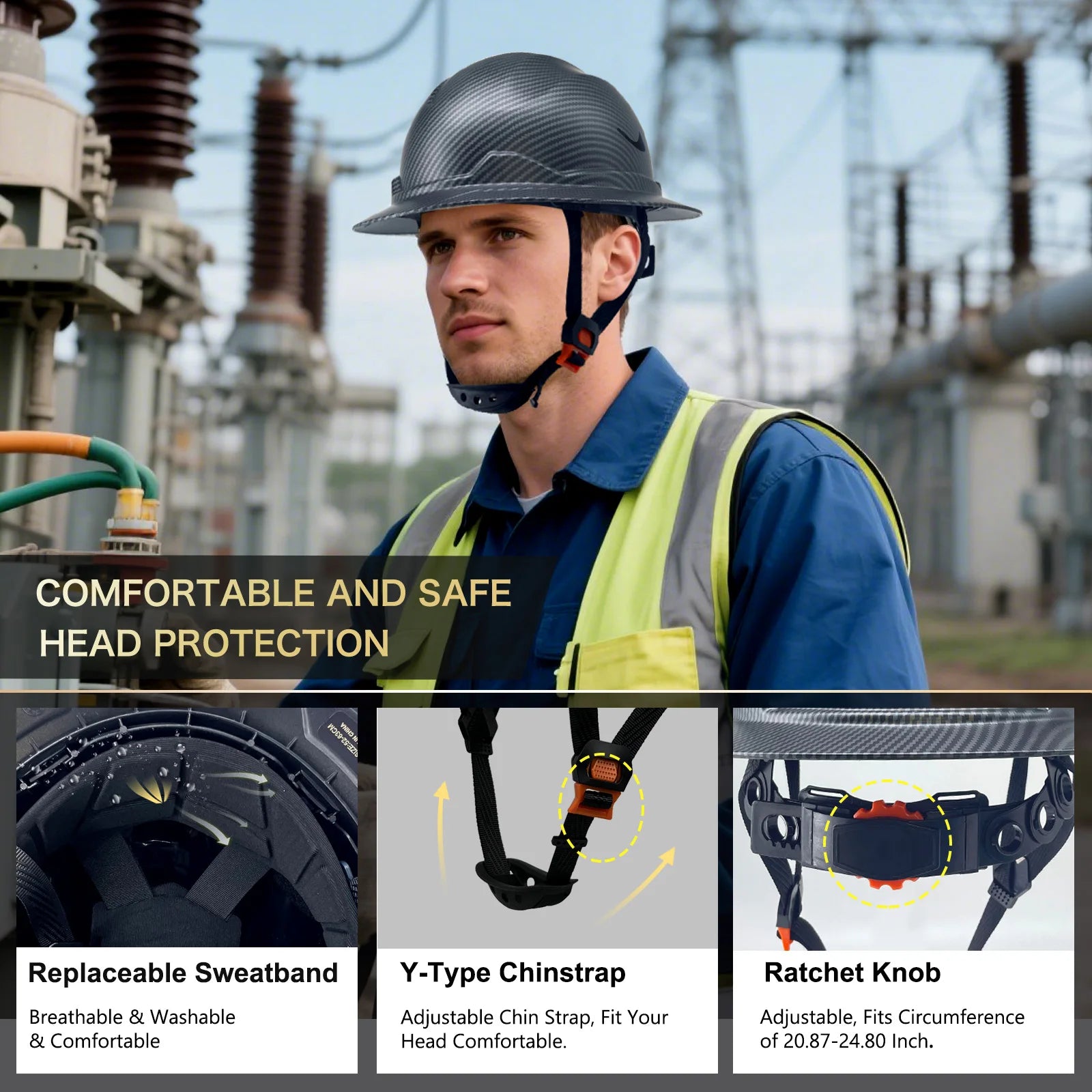 G1E Construction Full Brim Hard Hats ANSI Class E HDPE Safety Helmet Hardhats Sunshade Industrial Head Protection